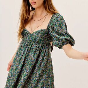 For Love And Lemons Alisa Mini dress Green floral Puff Sleeve Sundress Sz M